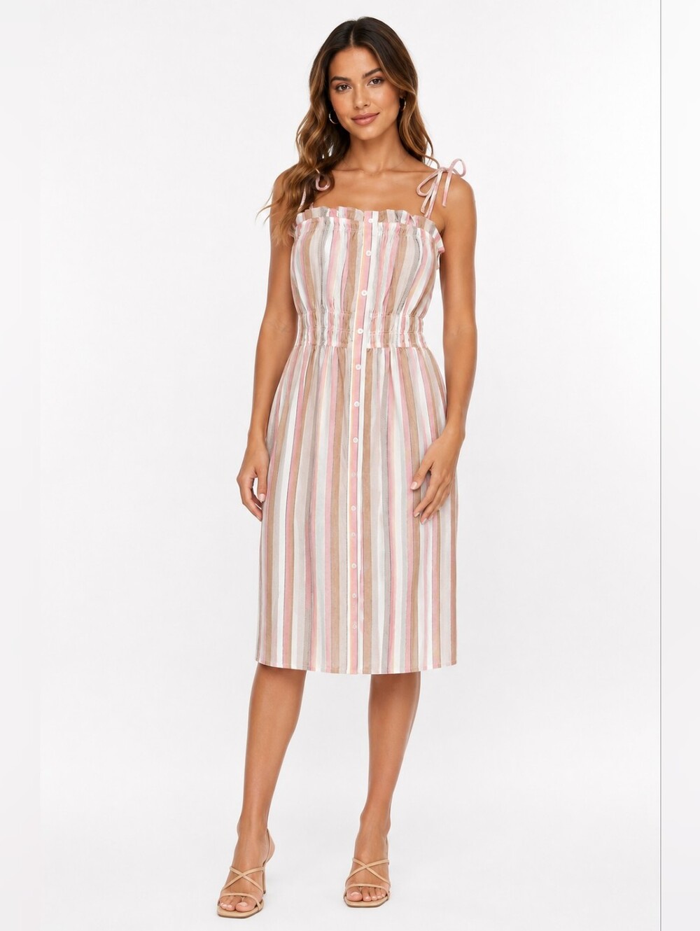 Hem & Thread Pink, Beige and Cream Striped Tie-Shoulder Midi Dress